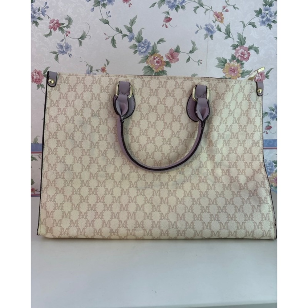 Mia K Farrow Collection Monogram Tote Bag Cream Lavender Purple Tan M Logo Large